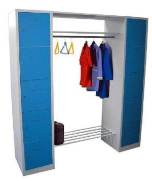 garderobe opstelling met 10 deuren en schoenen rek blauw grijs