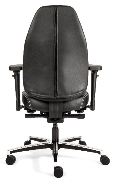 bureaustoel met traagschuim in de zitting, gestoffeerd in zwart leder, foto van de achterkant
